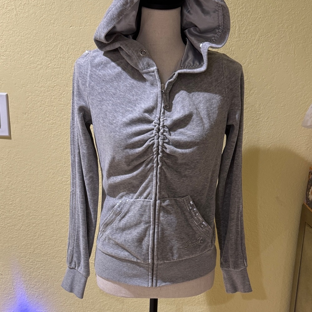 Seven7 Ruched Velour Zip Hoodie Sequins medium grey BTS girly stylish cute warm
